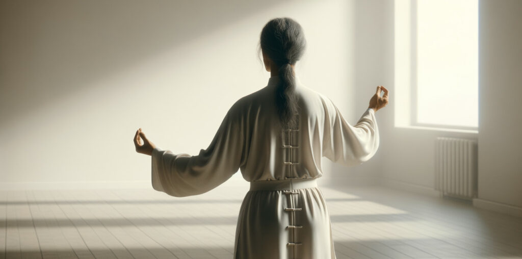 Durchschnittlicher stehender Mensch in einem Raum mit Rücken zugewandt praktiziert Tai Chi ohne gesichter