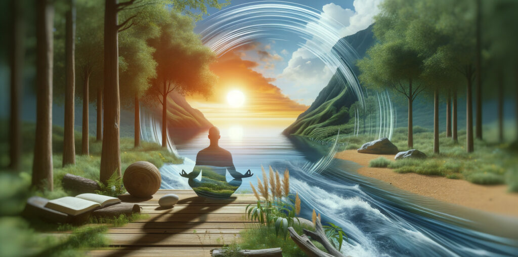 MBSR – Mindfulness Based Stress Reduction, sehr modern, realistischmodern, fotorealistisch, unscharf,