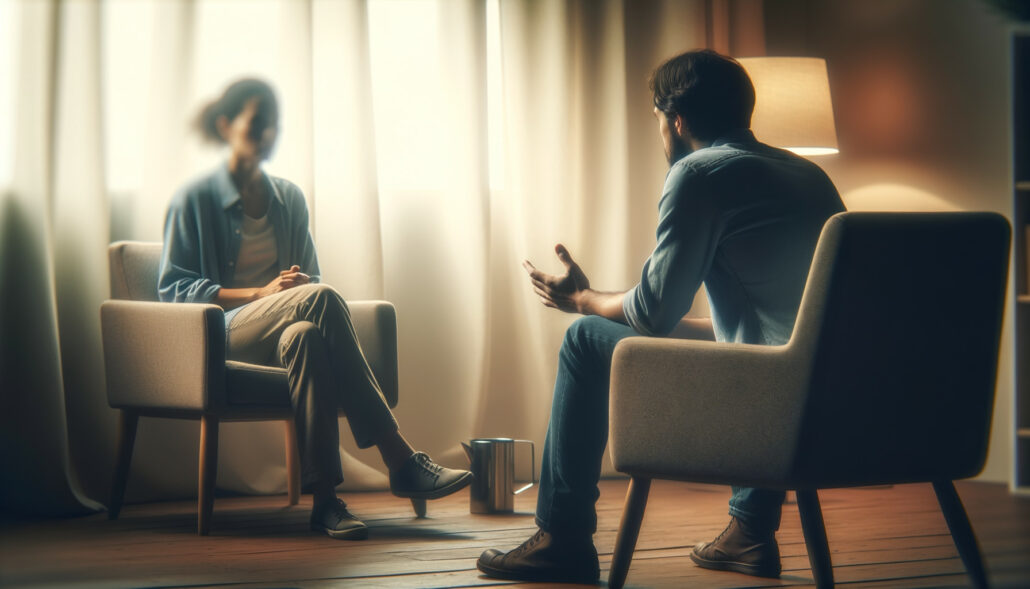 Mensch mit Posttraumatische Belastungsstörung - PTSD - PTBS in einem Raum im Stuhl sitzend mit Rücken zugewandt redet mit therapeut ohne gesichter