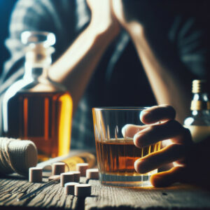 alkoholprobleme, sucht, whiskeyglas, fotorealistisch, unscharf